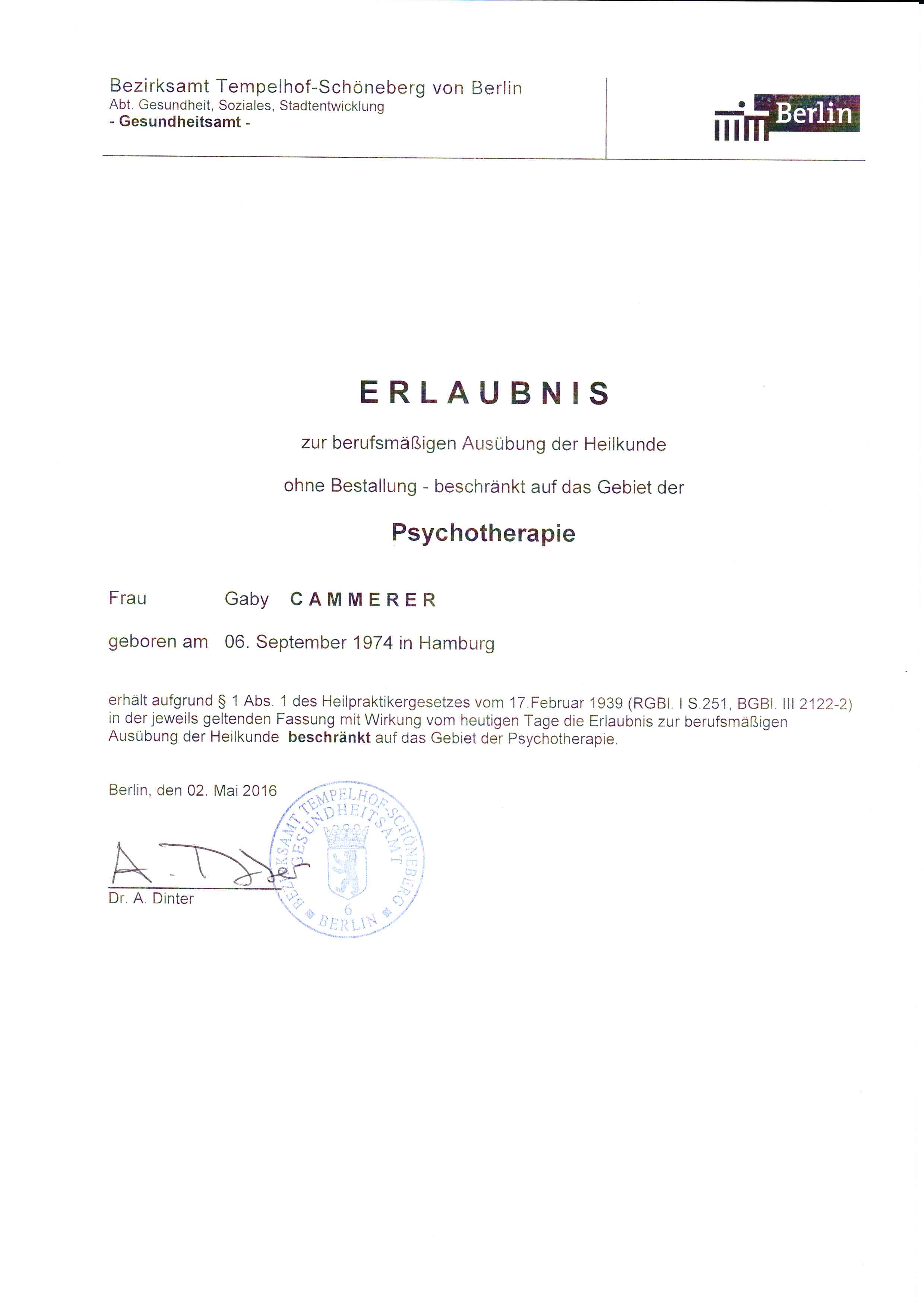 Erlaubnis Heilpraktikerin für Psychotherapie