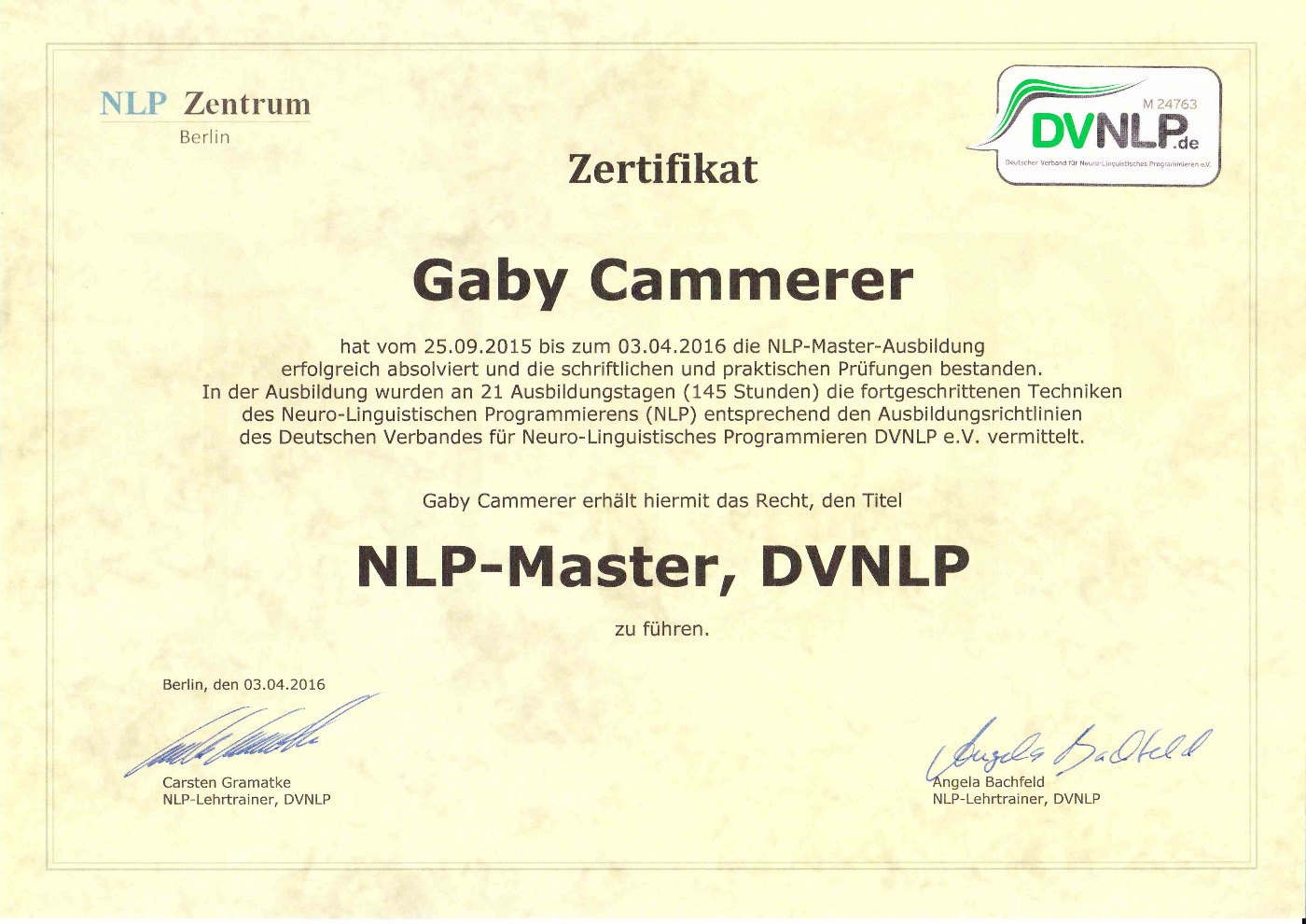 Zertifikat NLP-Master, DVNLP